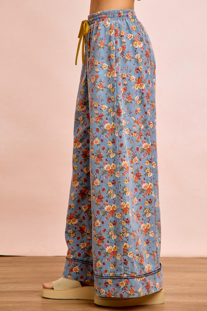 BiBi Floral Printed Drawstring Wide Pants in light blue with yellow drawstring