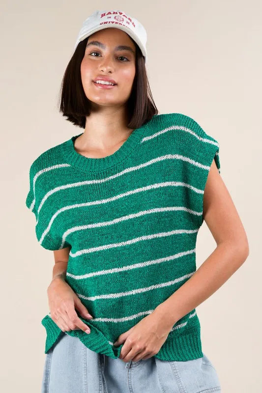 VERY J Striped Knit Sweater Vest Top Kelly Green