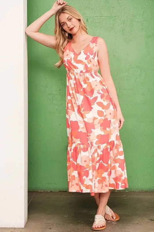 Lime 'N' Chili Sleeveless Floral Print V-Neck Midi Dress - DAVERRI FASHIONS