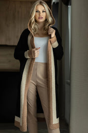 Black One Size Pocketed Contrast Long Sleeve Hooded Cardigan | Cardigans Daverri Fashions