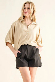 TAUPE BROWN And The Why Oversized Linen Button Down Shirts Top | Tops Daverri Fashions