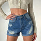 Daverri distressed high-waisted blue denim shorts with patches and rolled cuffs