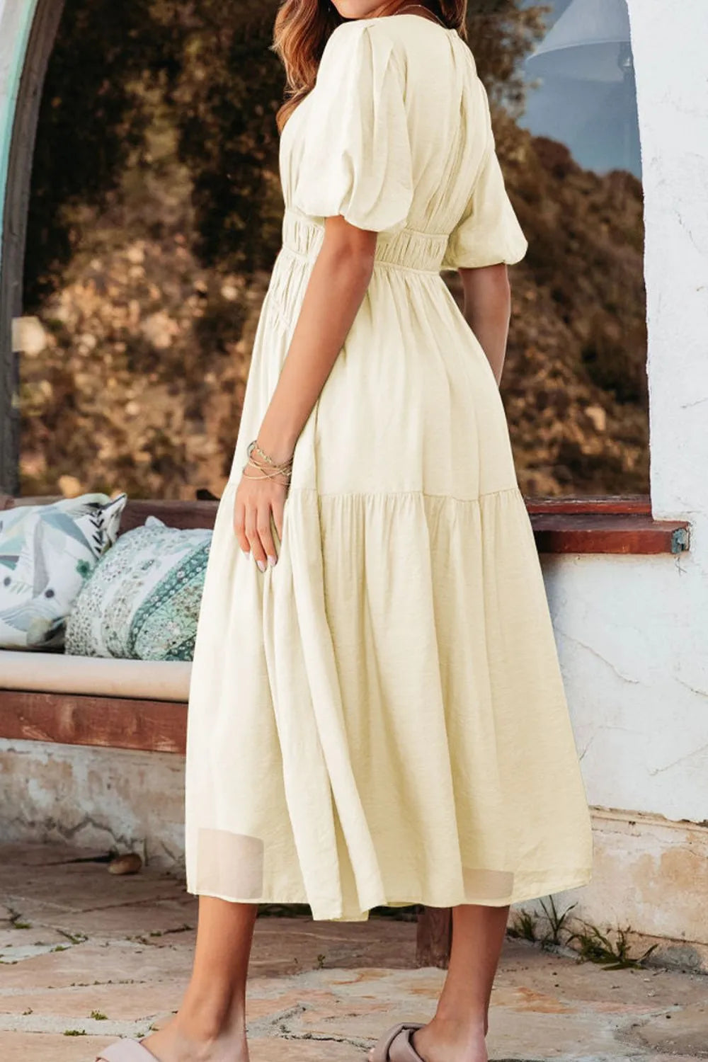 Beige puff sleeve pleated high waist flowy midi dress