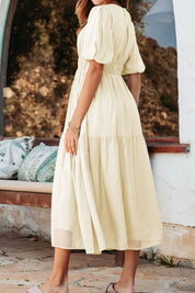 Beige puff sleeve pleated high waist flowy midi dress