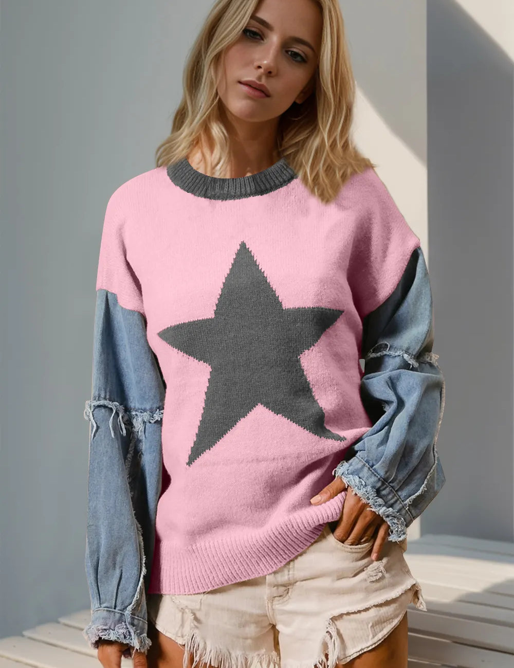Blush Pink Double Take Full Size Star Pattern Raw Edge Long Sleeve Sweater | Sweaters Daverri Fashions