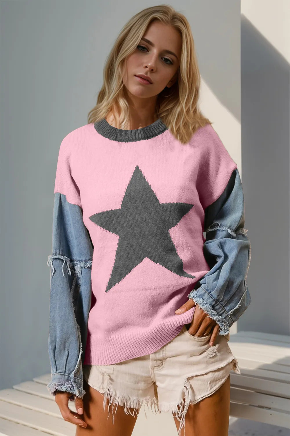 Double Take Full Size Star Pattern Raw Edge Long Sleeve Sweater Blush Pink Sweaters