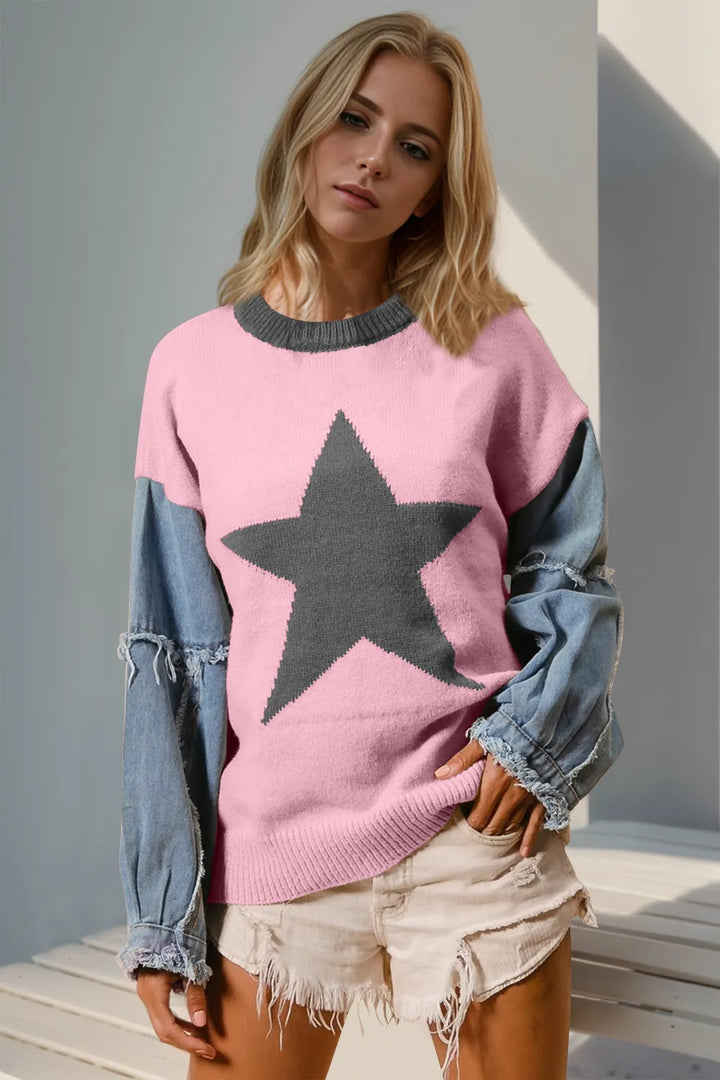 Double Take Full Size Star Pattern Raw Edge Long Sleeve Sweater Blush Pink Sweaters