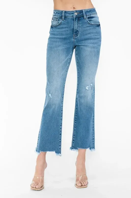 bytos Raw Hem Distressed Mid Rise Crop Jeans - DAVERRI FASHIONS
