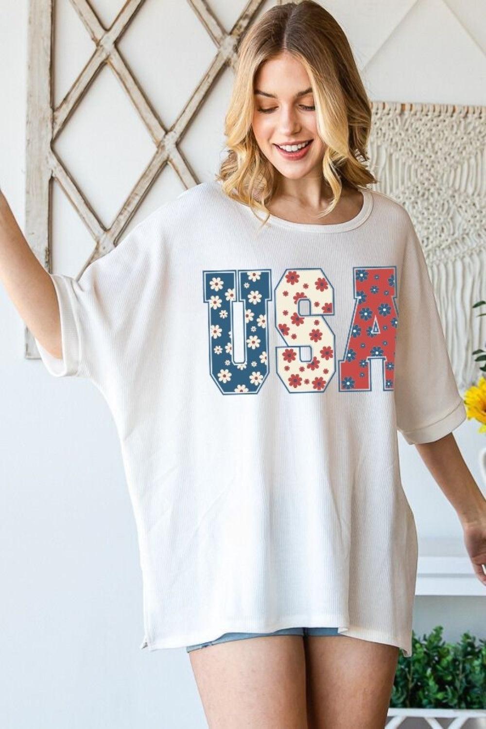 Round Neck Half Sleeve Floral USA T-Shirt Patriotic Clothing