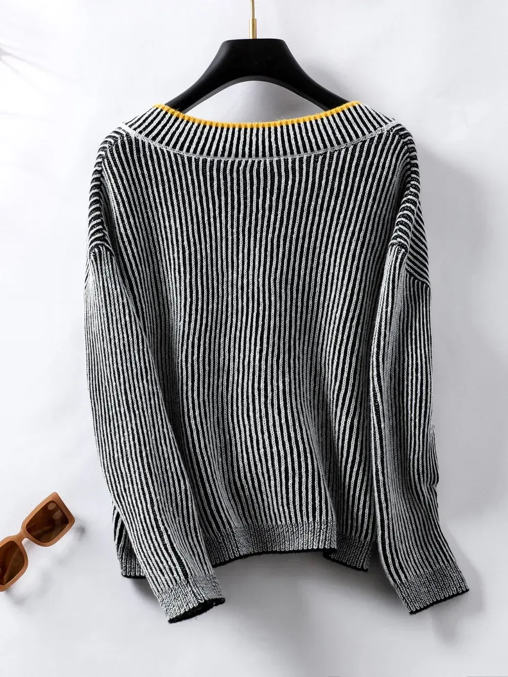 Striped V-Neck Long Sleeve Sweater - DAVERRI FASHIONS