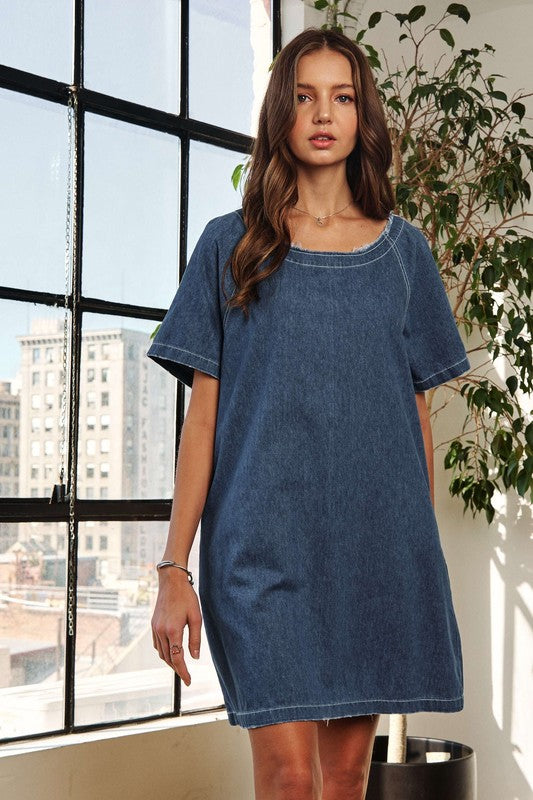 ADORA Raw Hem Mini Denim Dress with Pockets