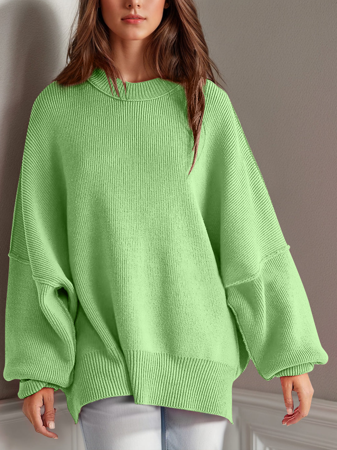 Side Slit Round Neck Long Sleeve Sweater Lime Tops