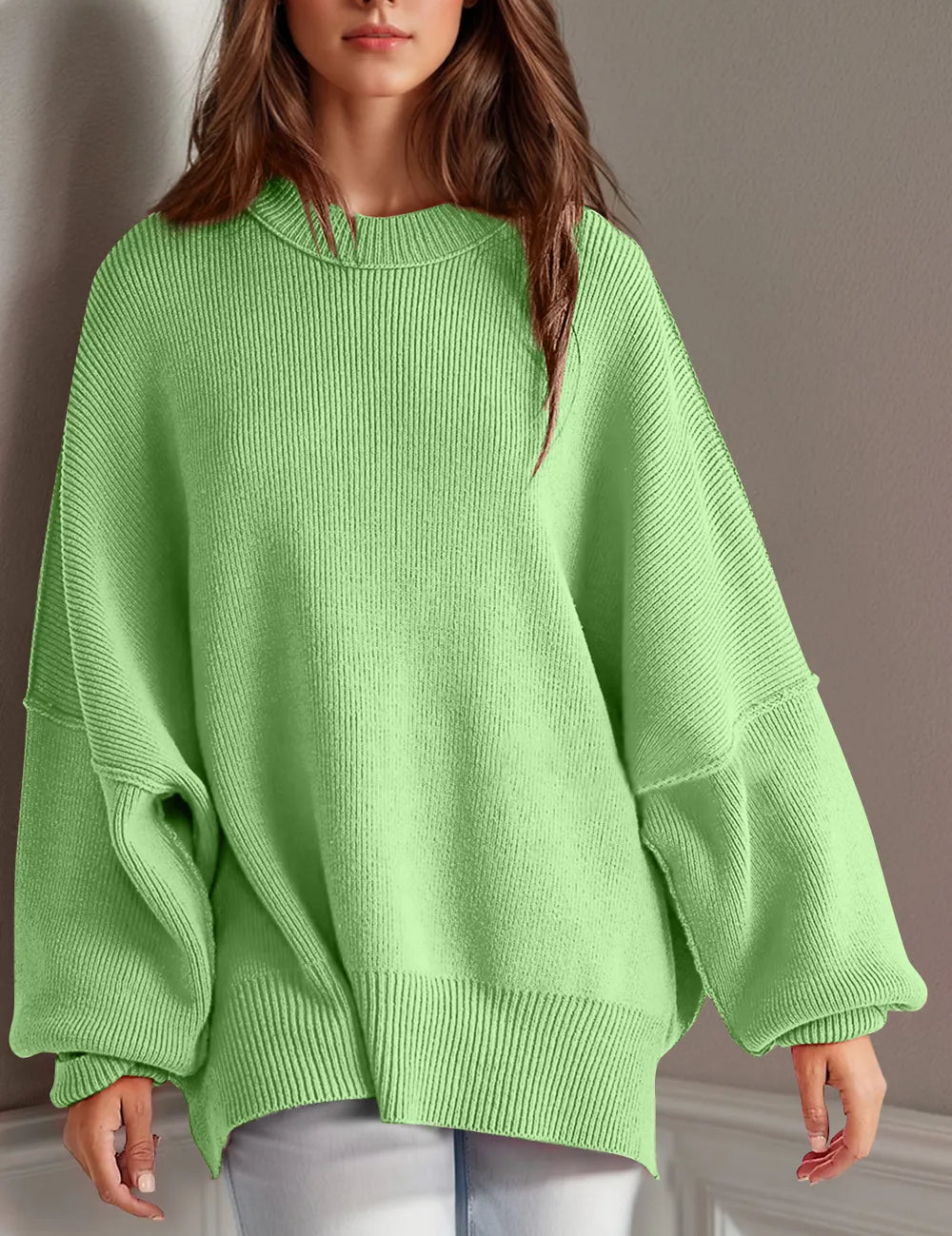 Lime Side Slit Round Neck Long Sleeve Sweater | Sweaters Daverri Fashions