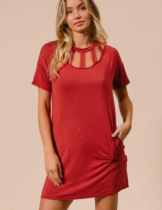 GINGER BiBi Front Cutout Mini Tee Dress with Pockets | Daverri Fashions