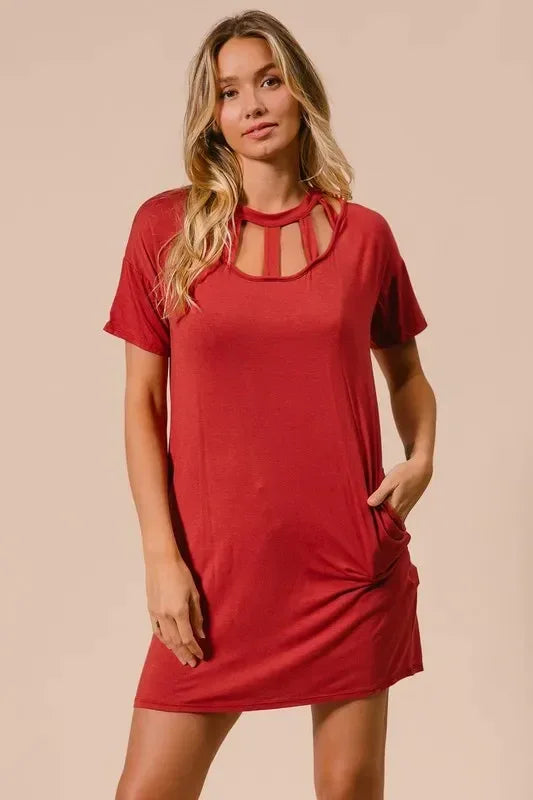 BiBi Front Cutout Mini Tee Dress with Pockets - DAVERRI FASHIONS