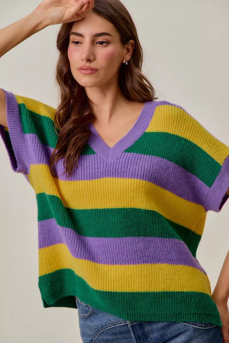 SO ME Mardi Gras loose fit V-neck striped sweater in green, yellow, purple