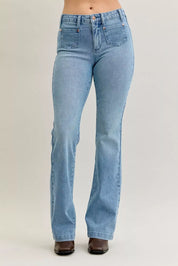 Judy Blue mid-rise bootcut jeans in light blue denim with high waist