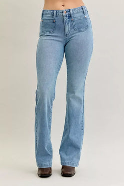 Judy Blue Full Size Mid Rise Bootcut Jeans with Contrast Wash & Front Patch Pockets Plus Size - DAVERRI FASHIONS