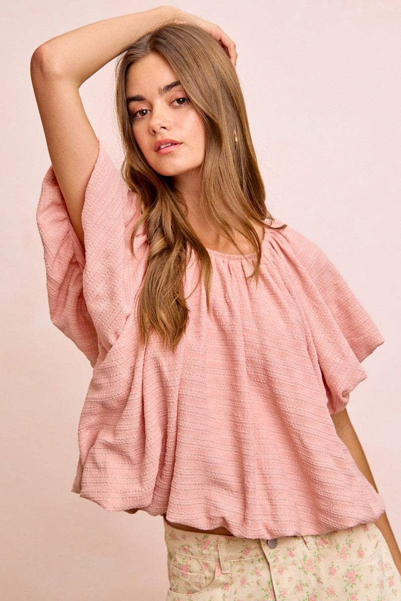 BiBi Stripes soft pink textured blouse with shirred neckline and puffed sleeves