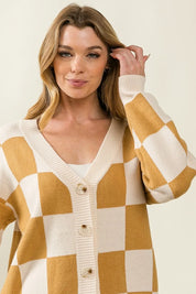 IVORY CAMEL BiBi Checked V-neck Cardigan | Cardigans Daverri Fashions