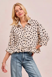 OFF WHITE BLACK BiBi Polka Dot Printed Peplum Top with Front Button | Blouses Daverri Fashions