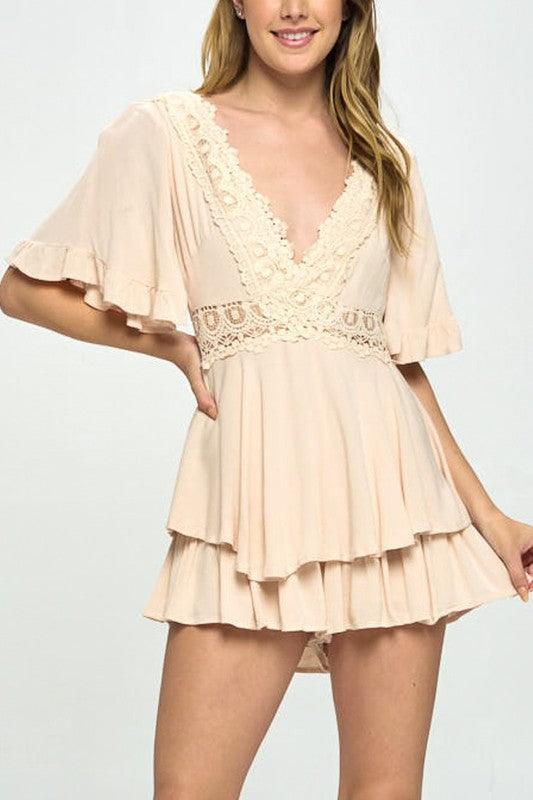 Flutter Sleeved Short Romper with Crochet Trim BEIGE S Rompers