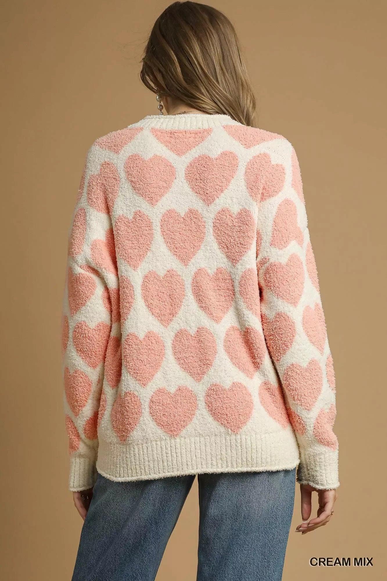 Umgee Mix Heart Pattern Pearl Accent Sweater - DAVERRI FASHIONS