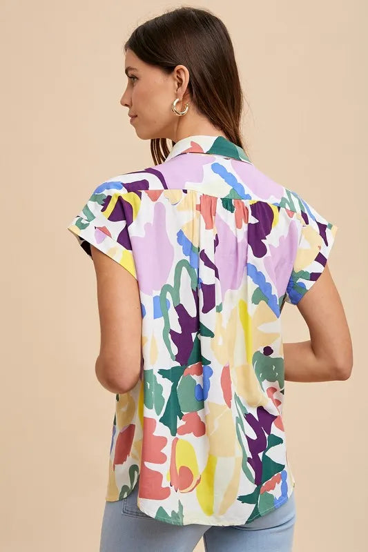 Annie Wear Multi Color Button Down Pleated Shoulder Top