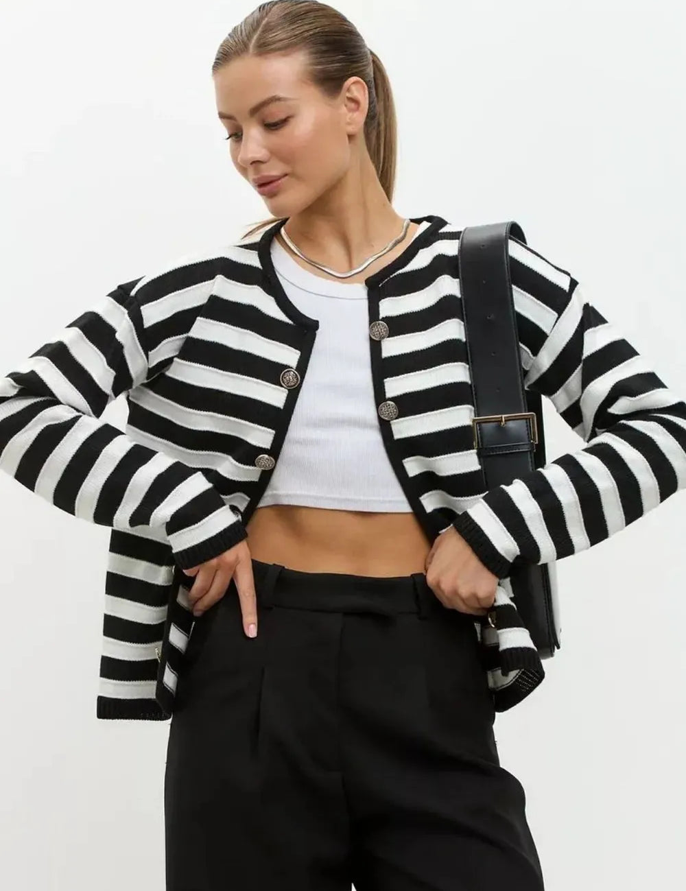 Black Striped Dropped Shoulder Long Sleeve Cardigan | Cardigans Daverri Fashions