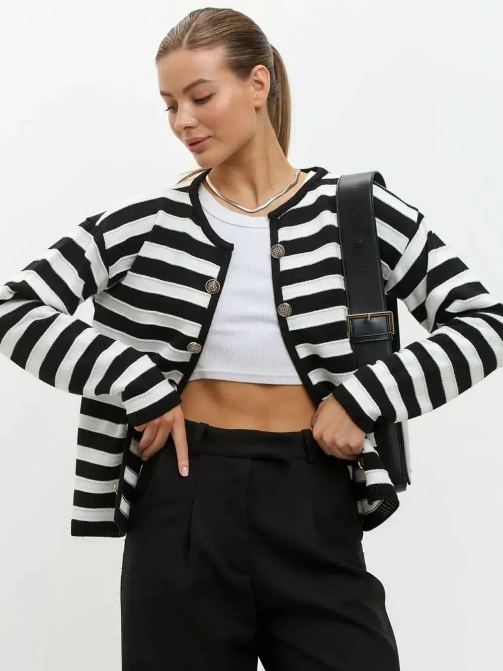 Black Striped Dropped Shoulder Long Sleeve Cardigan | Cardigans Daverri Fashions