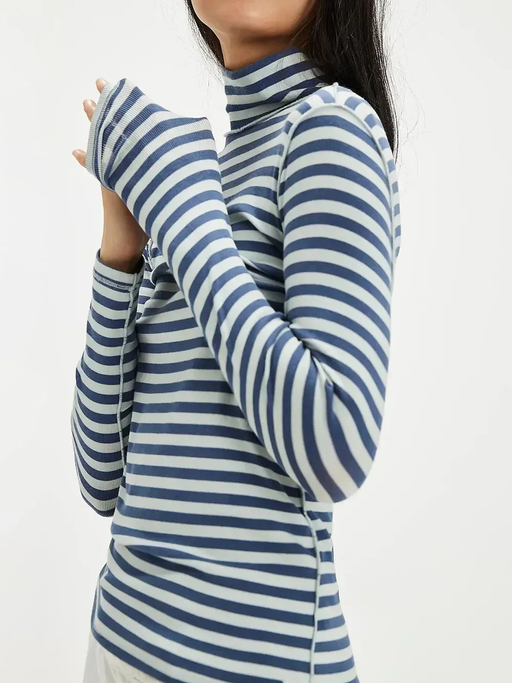 Daverri Fashions Exposed Seam Striped Turtleneck Long Sleeve T-Shirt - DAVERRI FASHIONS
