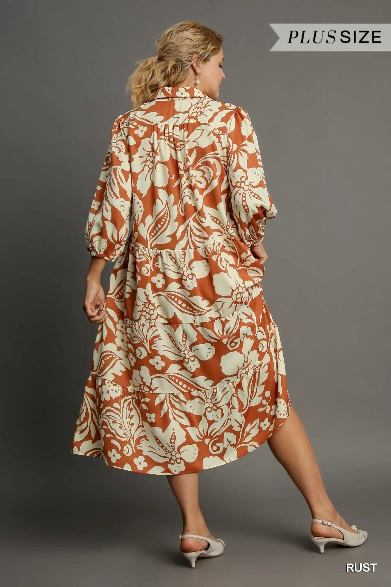 Umgee Full Size Floral Tiered Midi Shirt Dress Plus Size Midi Dresses