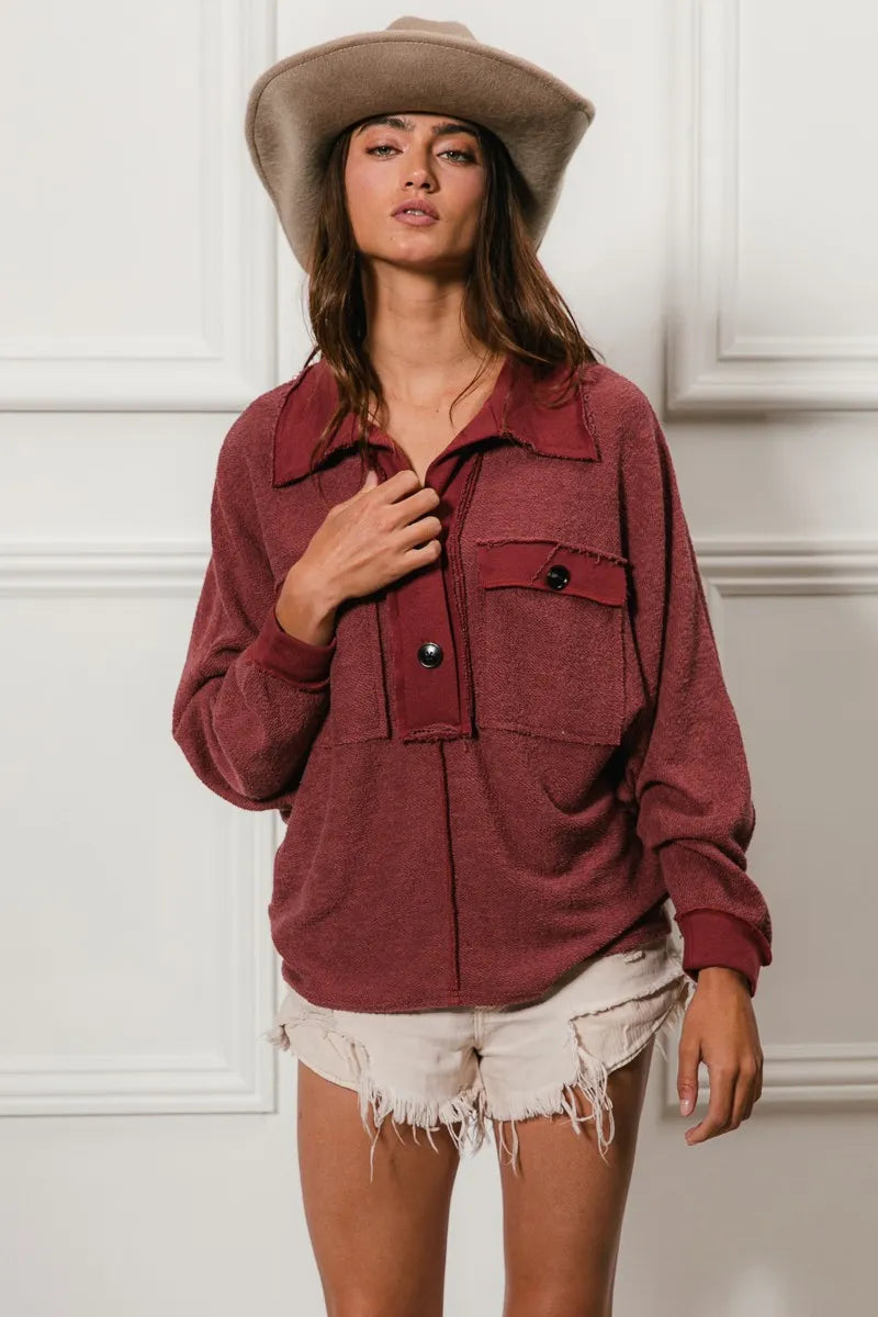 BiBi Cp French Terry Cut Edge Detail Collared Top | Tops Daverri Fashions