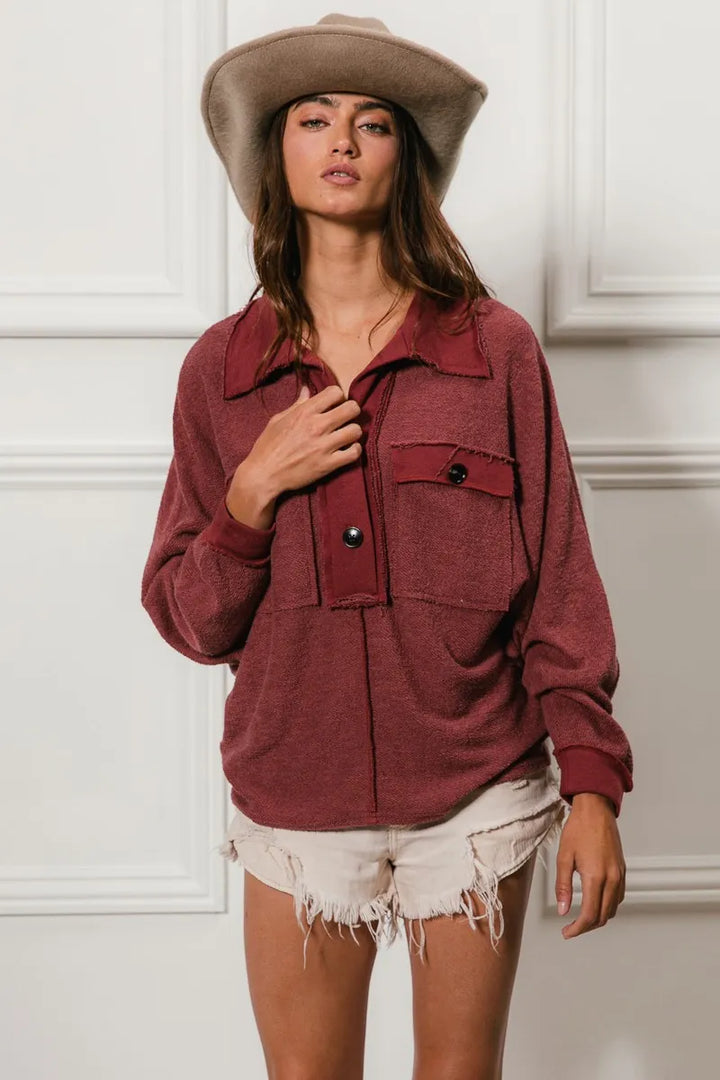 BiBi Cp French Terry Cut Edge Detail Collared Top | Tops Daverri Fashions