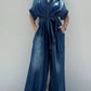 Daverri Fashions navy blue button-front denim jumpsuit with self-tie waist