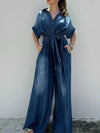 Daverri Fashions navy blue button-front denim jumpsuit with self-tie waist