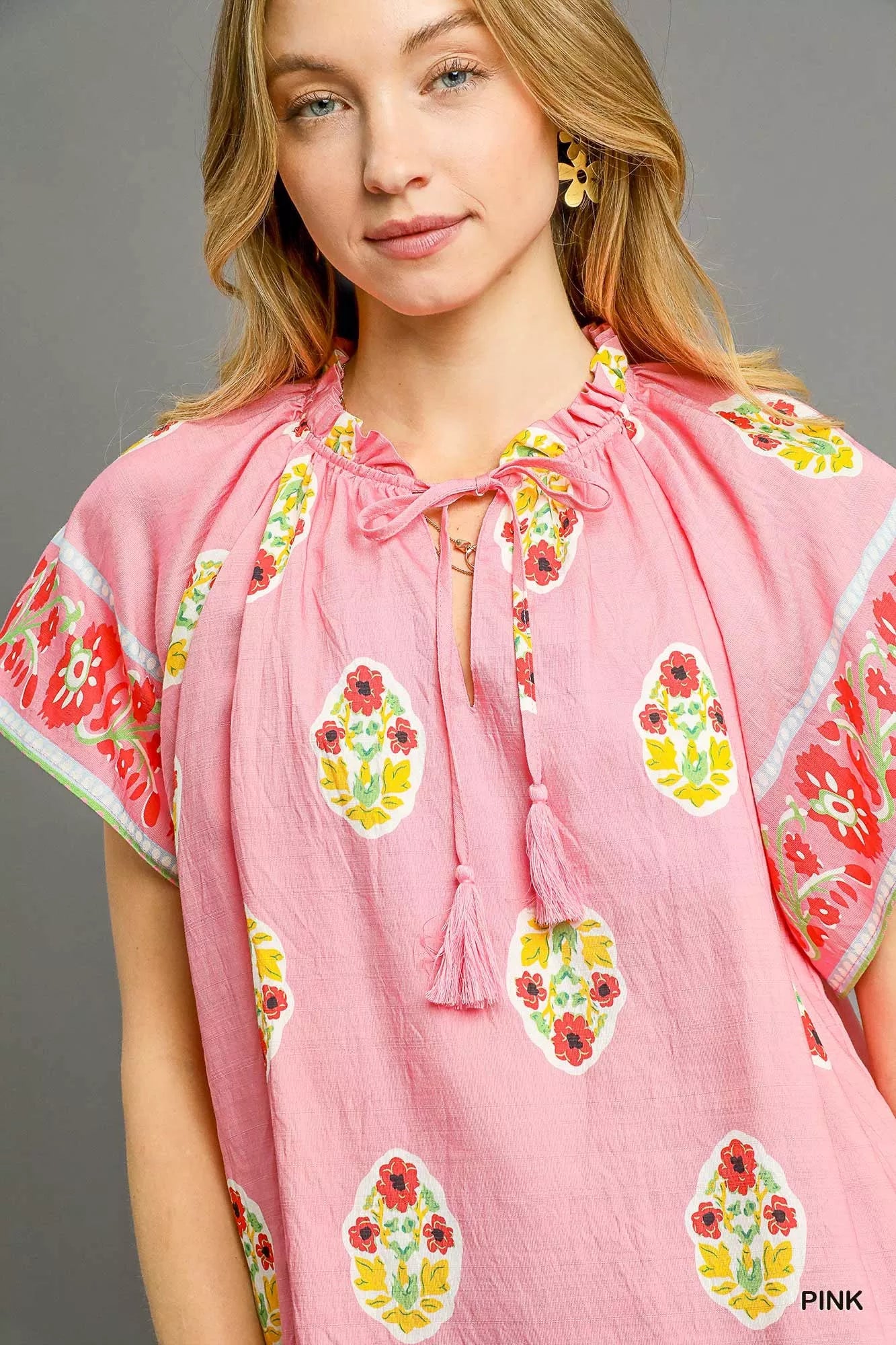 Pink Umgee Boho Bloom Border Top with embroidered floral design