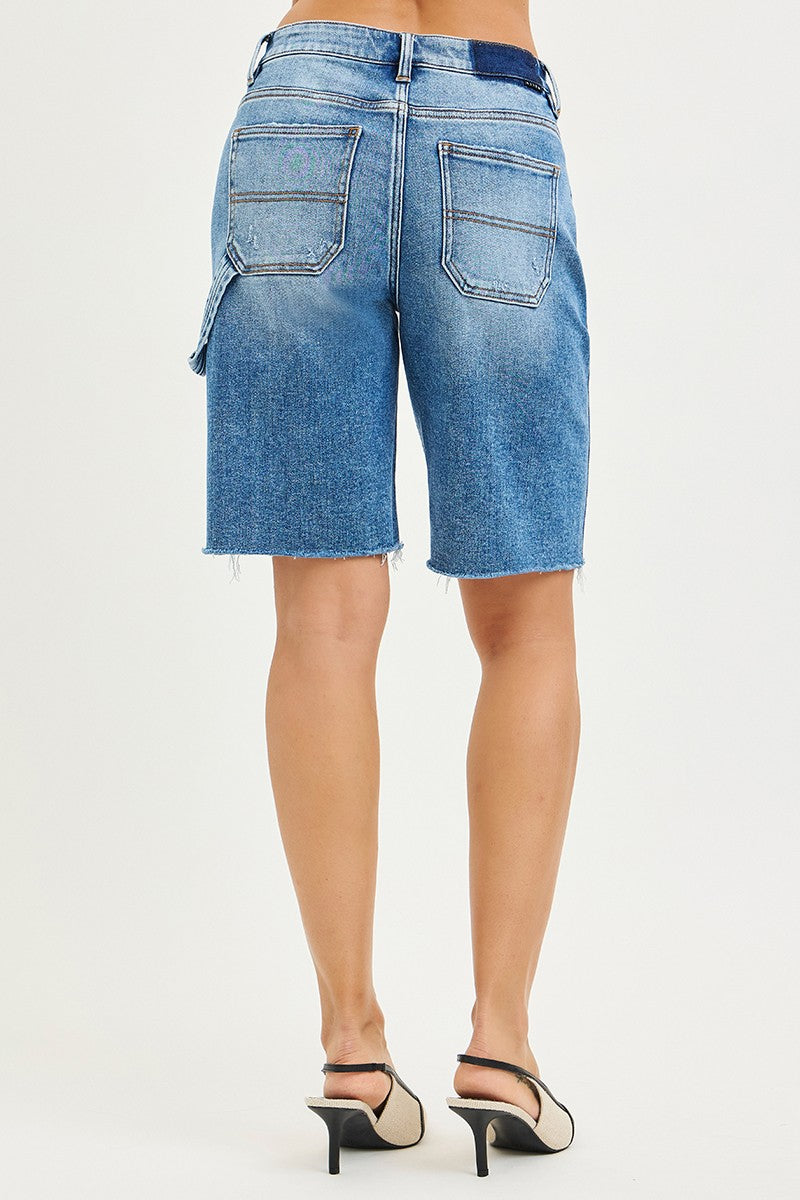 RISEN high rise Bermuda denim shorts with frayed hem, side pockets and tabs