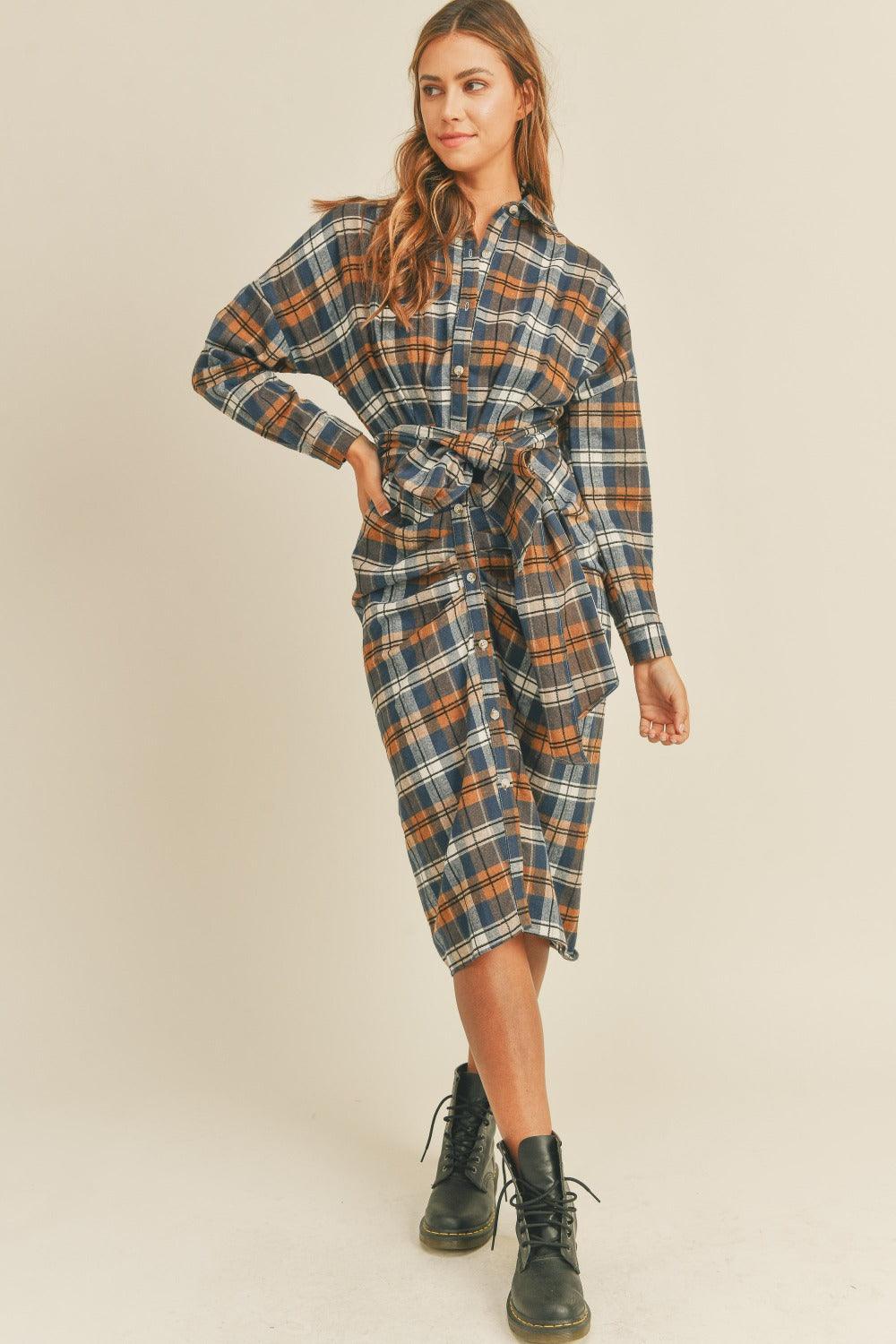 Mable Plaid Flannel Front Tie Button Down Shirt Dress Midi Dresses