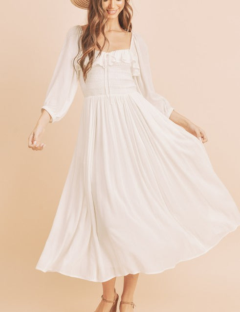 Aemi + Co Ruffled Smocked Square Neck Balloon Sleeve Dress White