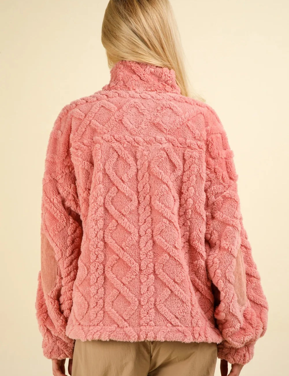 VERY J Fuzzy Fleece Half Zip Cable Pattern Sweatshirt Blush | Sweatshirts Daverri Fashions