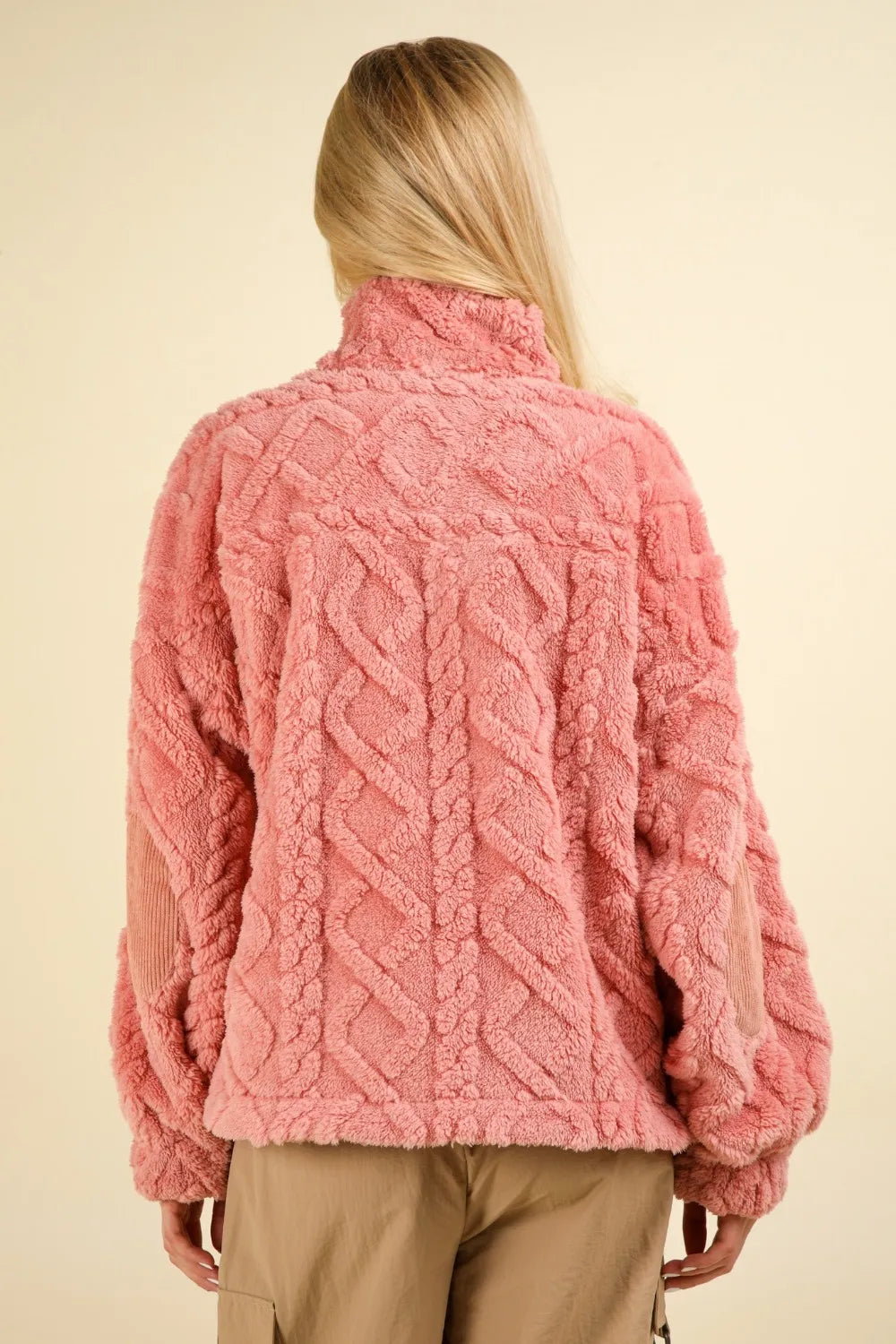 VERY J Fuzzy Fleece Half Zip Cable Pattern Sweatshirt Sweatshirts