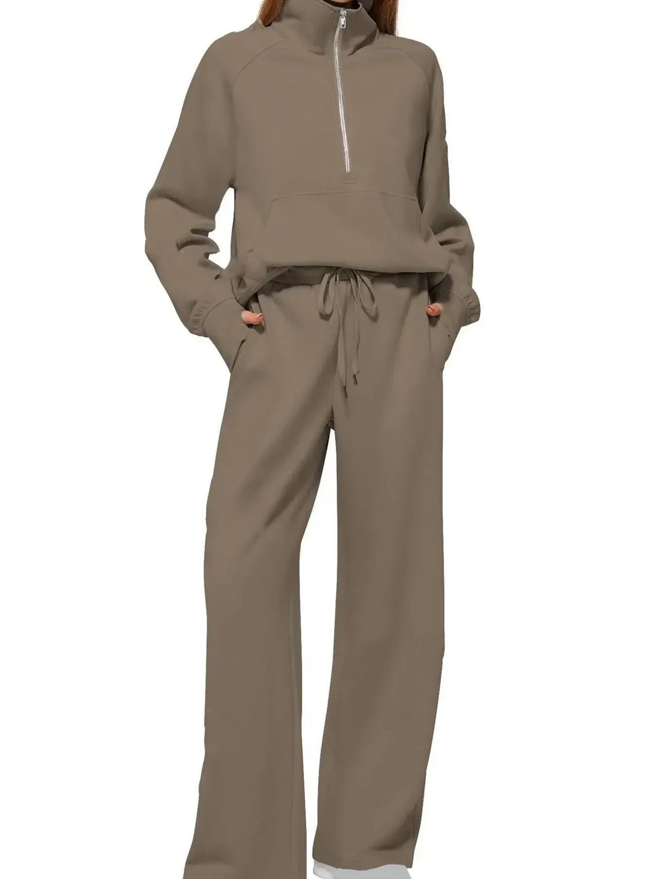 Half Zip Long Sleeve Top and Pants Set - DAVERRI FASHIONS