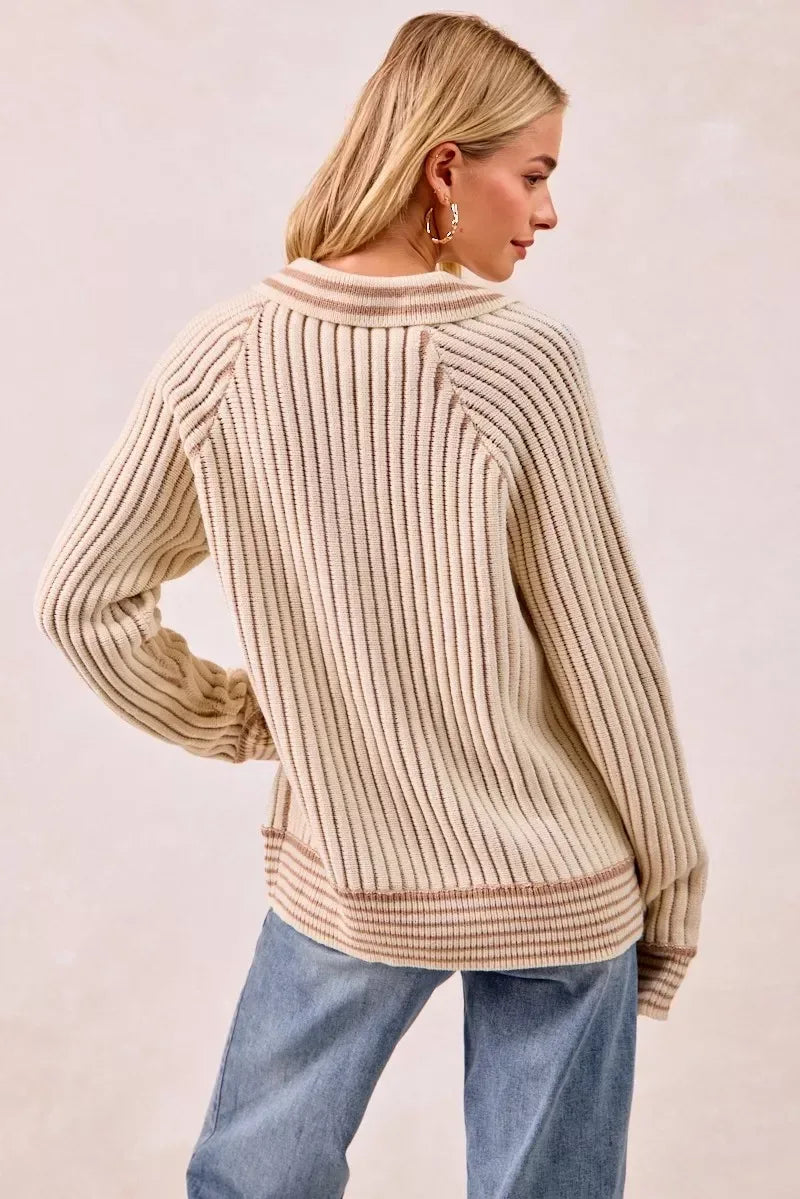BiBi Half Button Ribbed Two Tone Sweater - DAVERRI FASHIONS
