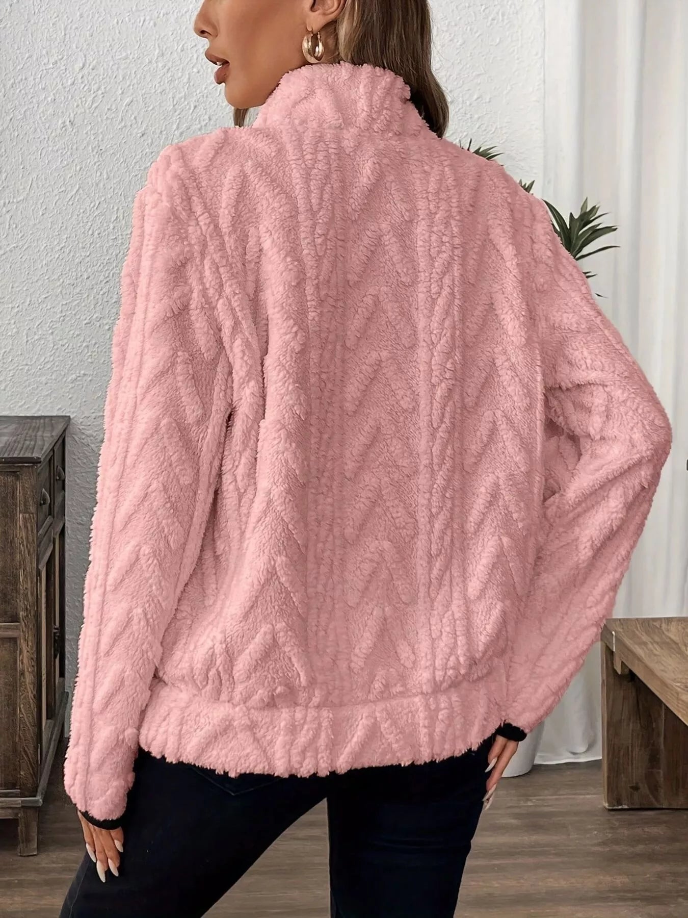 Pink fuzzy high-collar cable-knit fleece half-zip sweatshirt by Daverri Fashions