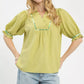 Sage Umgee scalloped trim blouse with puff sleeves and green embroidery