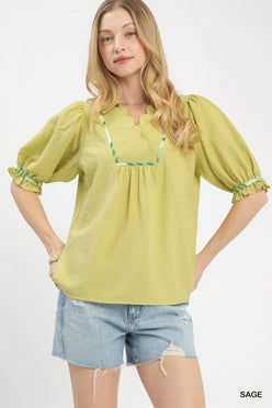 Sage Umgee scalloped trim blouse with puff sleeves and green embroidery