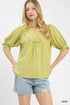 Sage Umgee scalloped trim blouse with puff sleeves and green embroidery