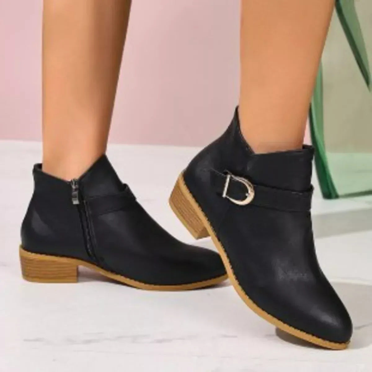 Side Zip Point Toe Block Heeled Ankle Boots - DAVERRI FASHIONS