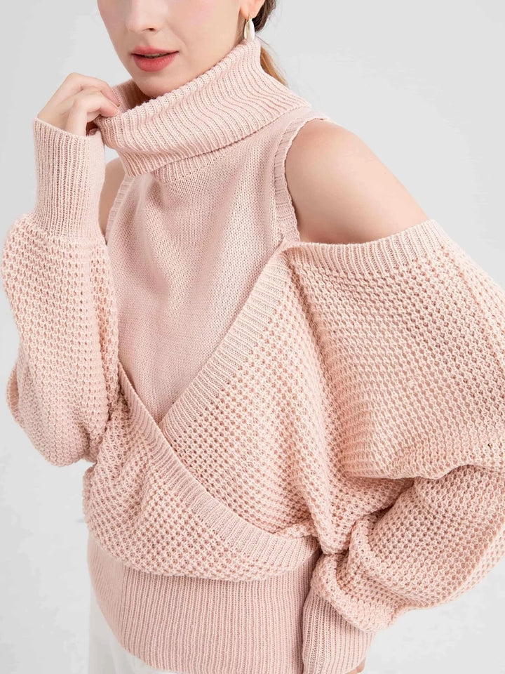 Pink Waffle Knit Cold Shoulder Turtleneck Sweater | Sweaters Daverri Fashions
